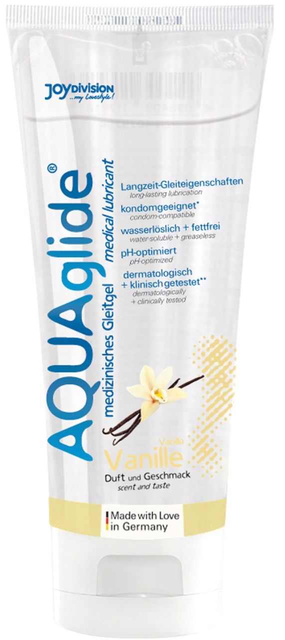 AQUAglide Vanille Gleitmittel Tube. Medizinisch, wasserlöslich, fettfrei. Mit Vanille-Motiv und Text. Made in Germany.