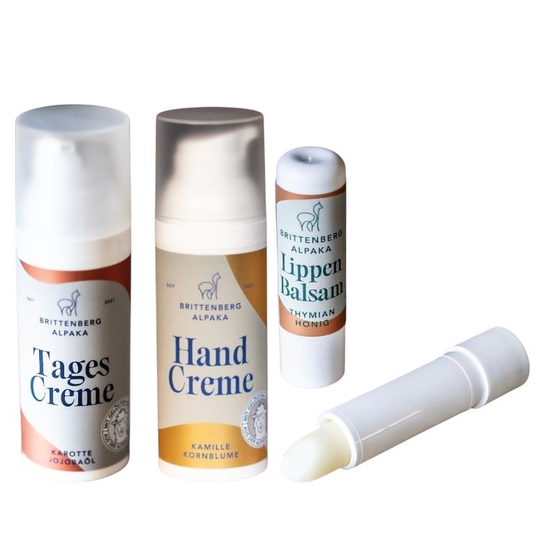 Brittenberg Alpaka Pflegeset mit Tagescreme, Handcreme Kamille-Kornblume und Lippenbalsam 100 ml Set