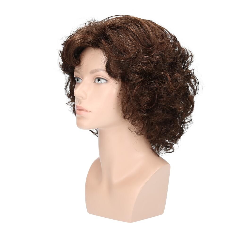 Perücke Violetta von Lofty, braune Locken, auf einer Büste. Seitenansicht.