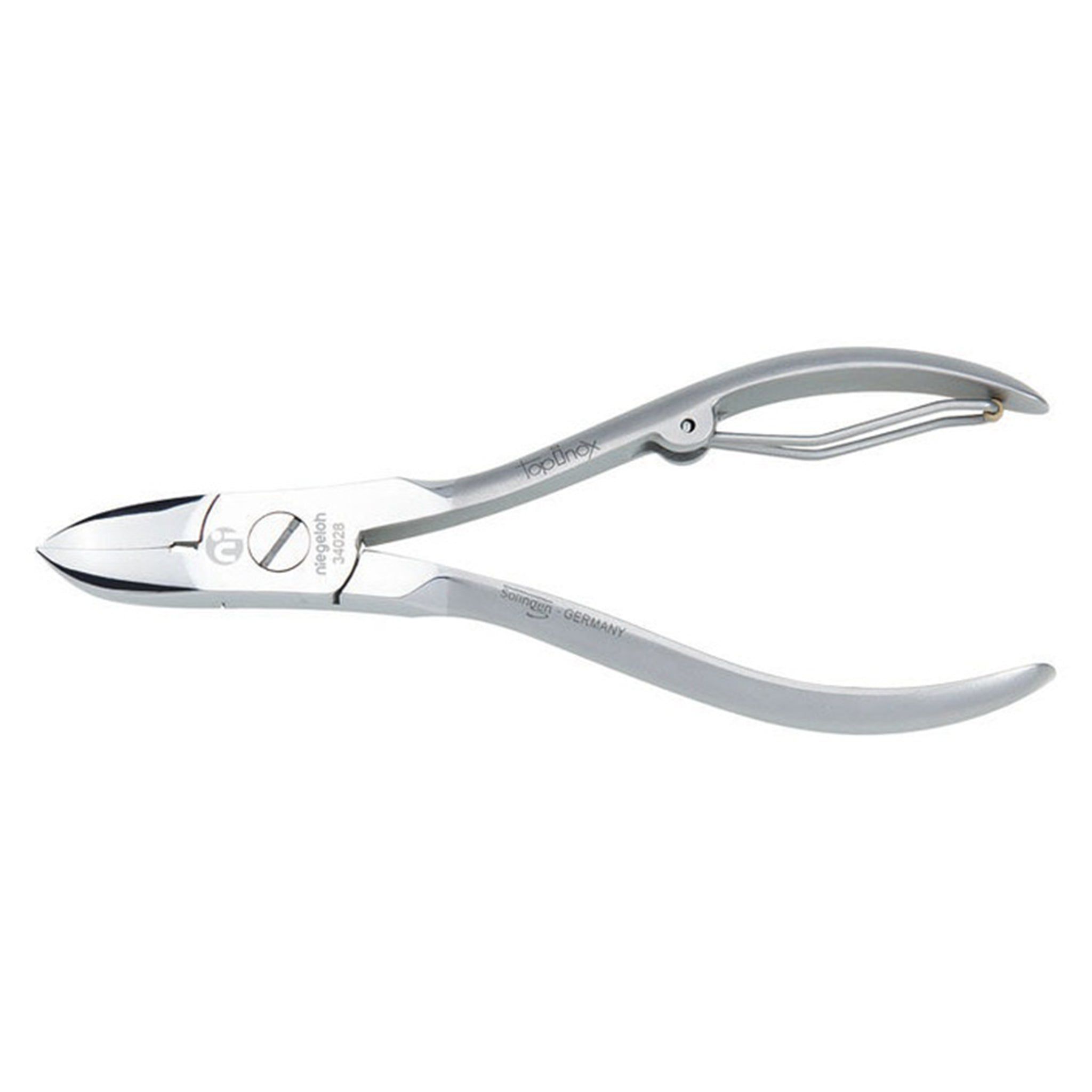 Niegeloh Solingen Nagelzange aus Metall mit gebogenen Schneiden und Federverschluss.