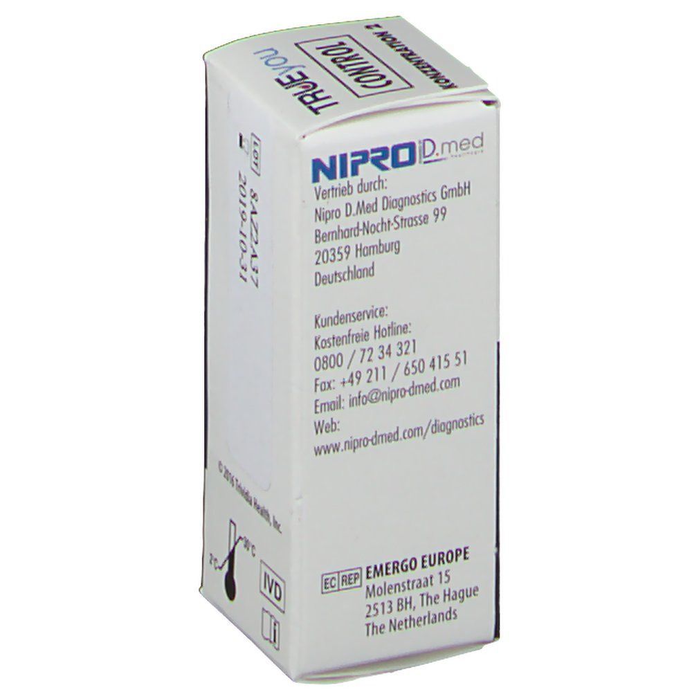 Kartonverpackung mit Produktinformationen. Aufschrift: TRUEYOU CONTROL Konzentration 2. Adressinformationen von NIPRO D.med. Kennzeichnung.