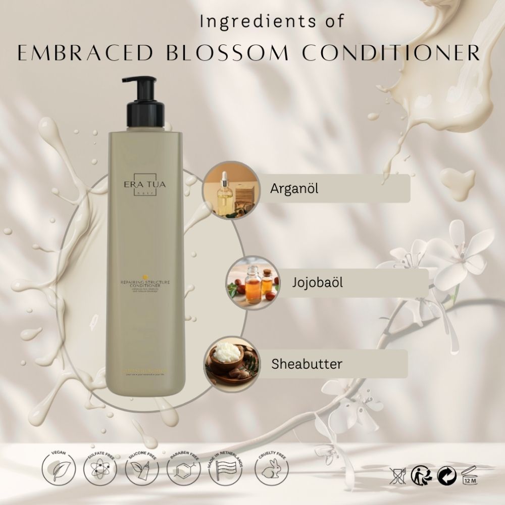 Beige Flasche mit schwarzem Pumpkopf. Text: ERA TUA, EMBRACED BLOSSOM CONDITIONER. Inhaltsstoffe: Arganöl, Jojobaöl, Sheabutter. Zertifizierungen.