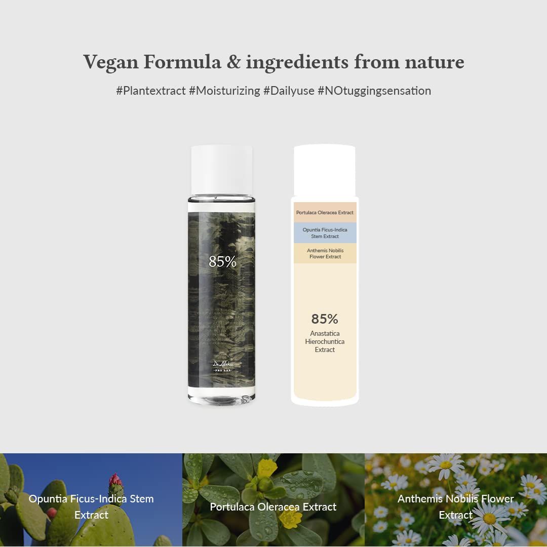 Zwei Flaschen mit Produkt, daneben Inhaltsstoffe: Opuntia Ficus-Indica, Portulaca Oleracea, Anthemis Nobilis.