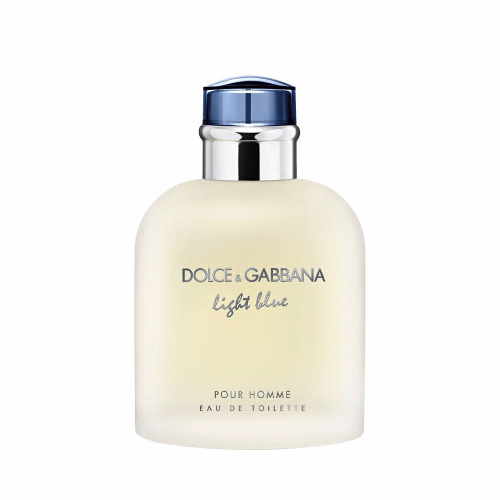 Flakon mit blauem Deckel und silbernem Hals. Aufschrift DOLCE & GABBANA light blue und POUR HOMME.