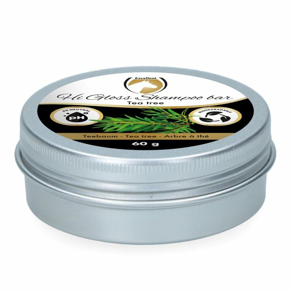 Silberne Dose mit Deckel. Aufschrift: Hi Gloss Shampoo Bar Tea tree. Enthält 60g. Mit pH-neutral und biologisch abbaubar Symbolen.