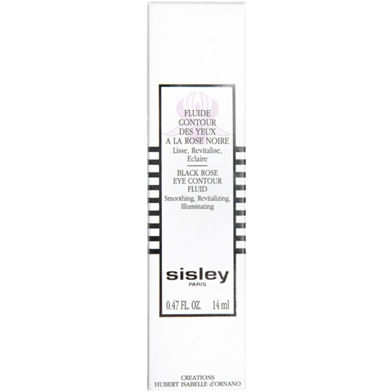 Weiße Verpackung mit schwarzem Rahmen. Text: Fluide Contour des Yeux à la Rose Noire, Sisley. 0.47 FL. OZ. 14ml.