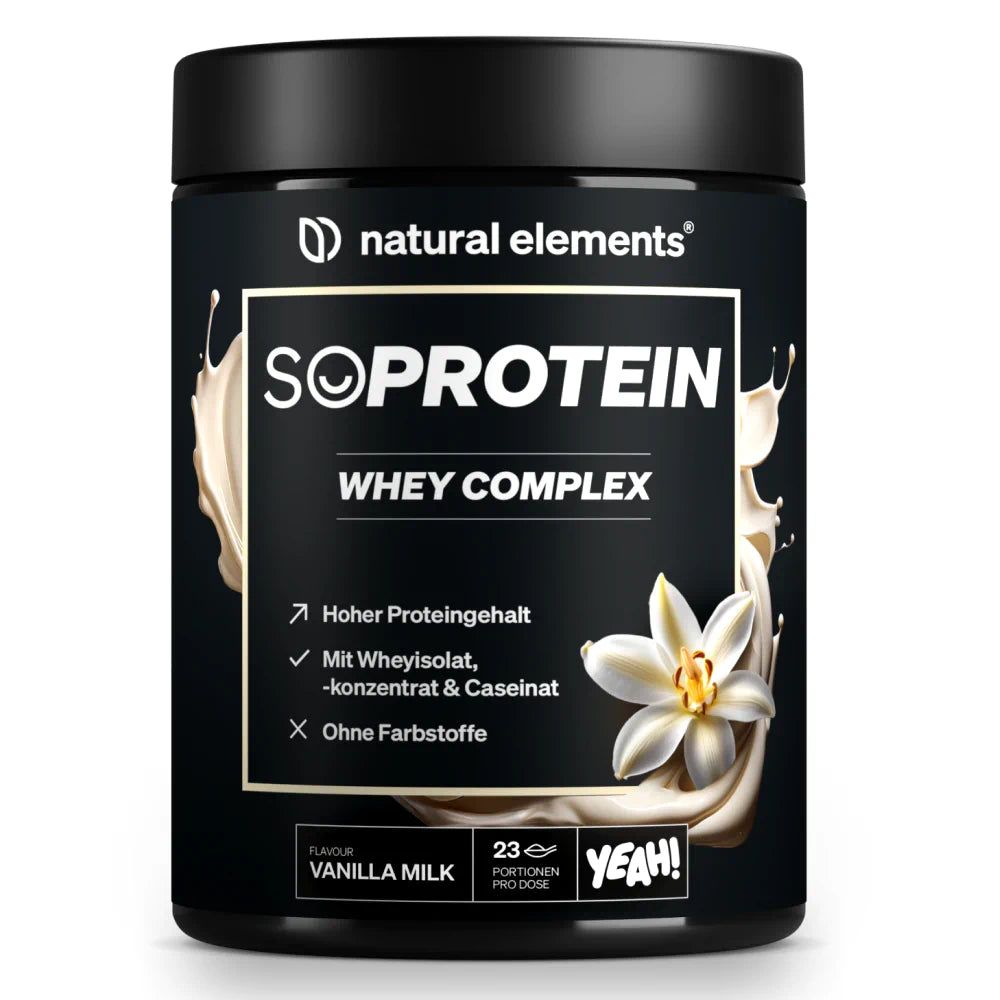 Schwarze Dose mit "natural elements" und "SOPROTEIN WHEY COMPLEX"-Logo. Enthält Vanille-Milch-Geschmack. Mit Proteingehalt und ohne Farbstoffe.