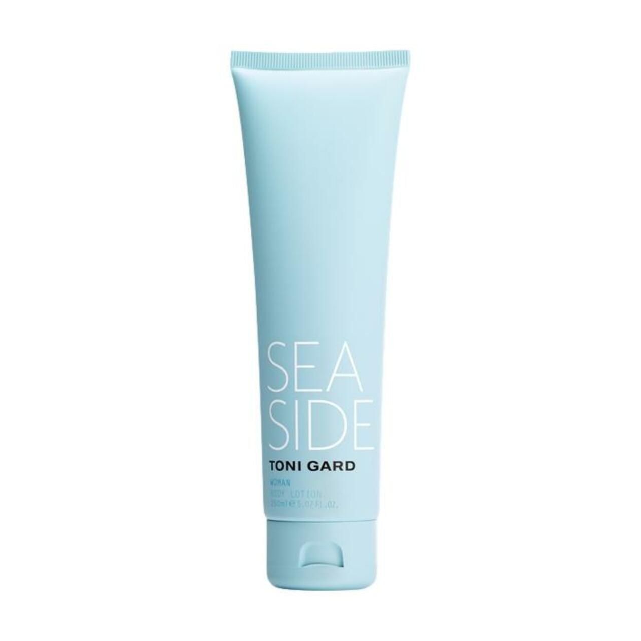 Hellblaue Tube mit "SEA SIDE" und "TONI GARD" Schriftzug. Aufschrift "Body Lotion".