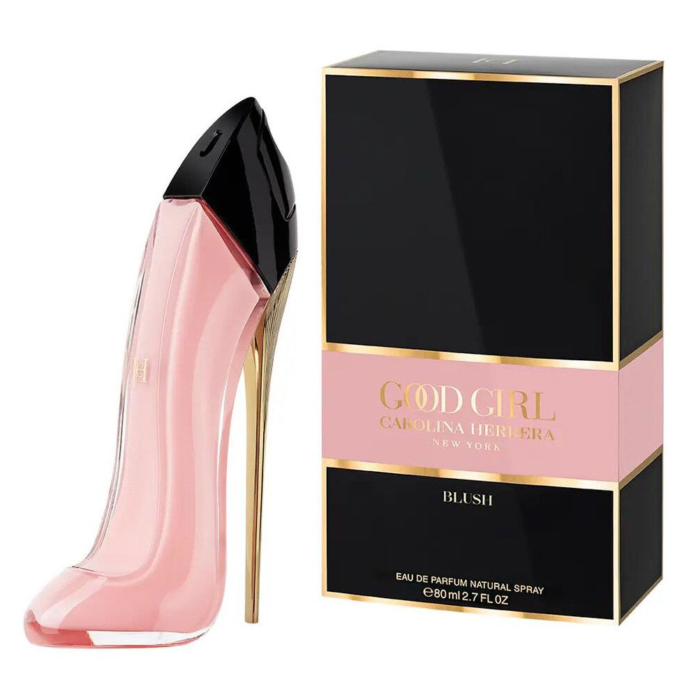 Rosa High Heel Flakon und Verpackung. Schwarze Oberseite, goldener Absatz. Verpackung mit Logo und Produktname.