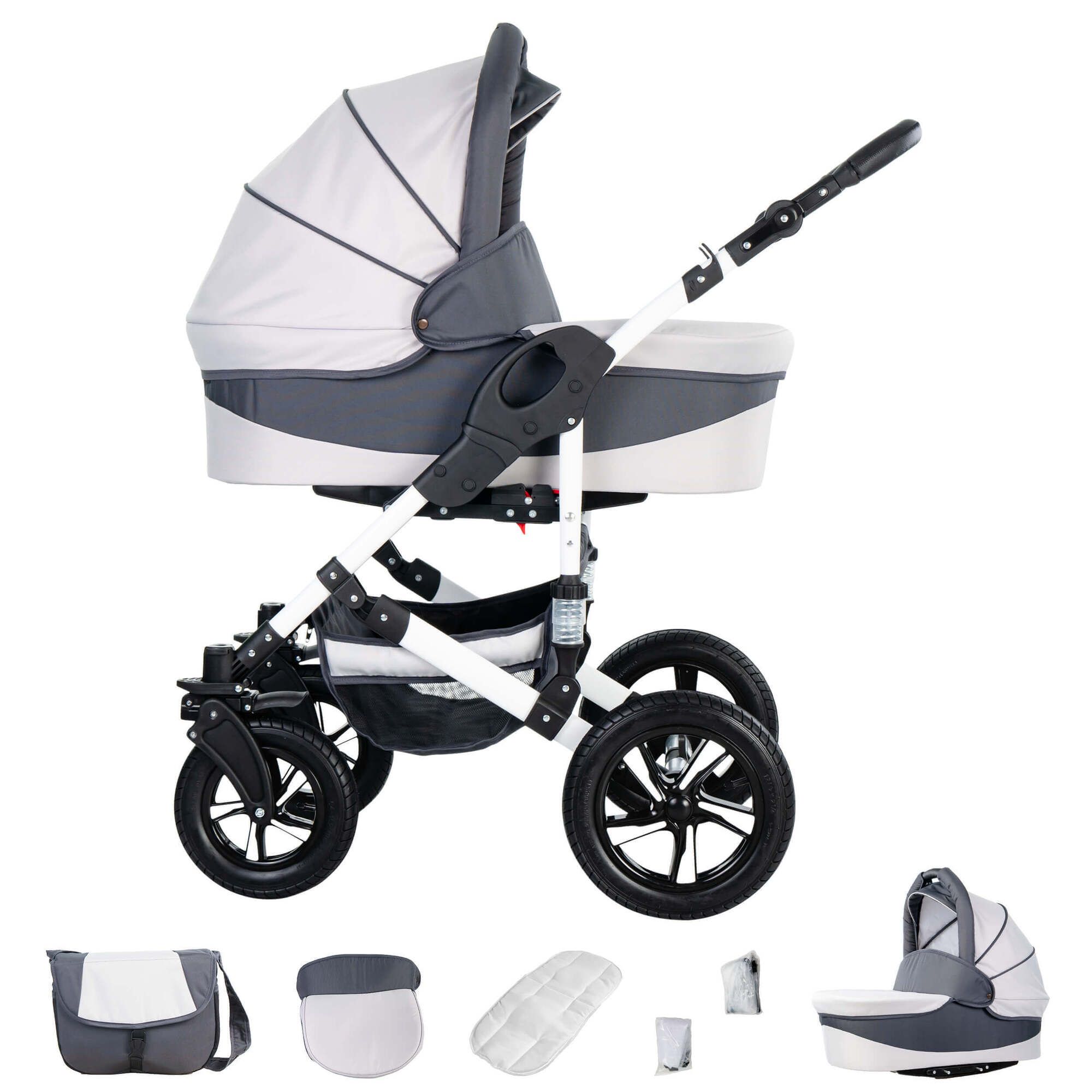 Friedrich Hugo Hamburg 4 in 1 Kinderwagen Komplettset ISOFIX Basis Luftreifen, White & Grey