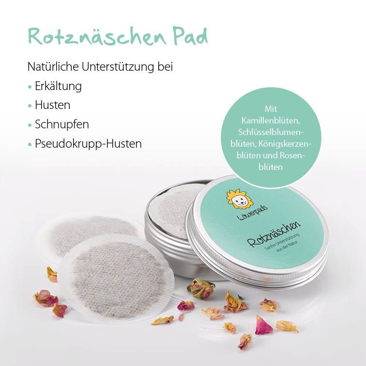Drei Pads und Dose mit Rotznäschen Pad. Text: Natürliche Unterstützung bei Erkältung, Husten, Schnupfen, Pseudokrupp-Husten. Kräuter.