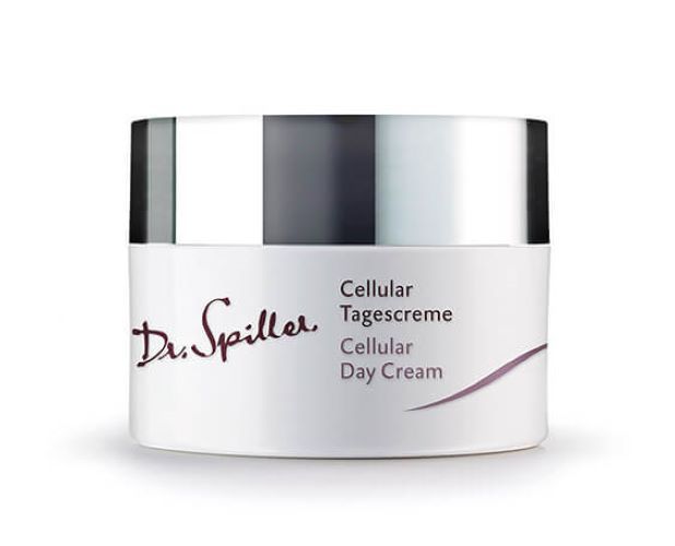Weißer Cremetiegel mit silbernem Deckel. Aufschrift: Dr. Spiller Cellular Tagescreme.