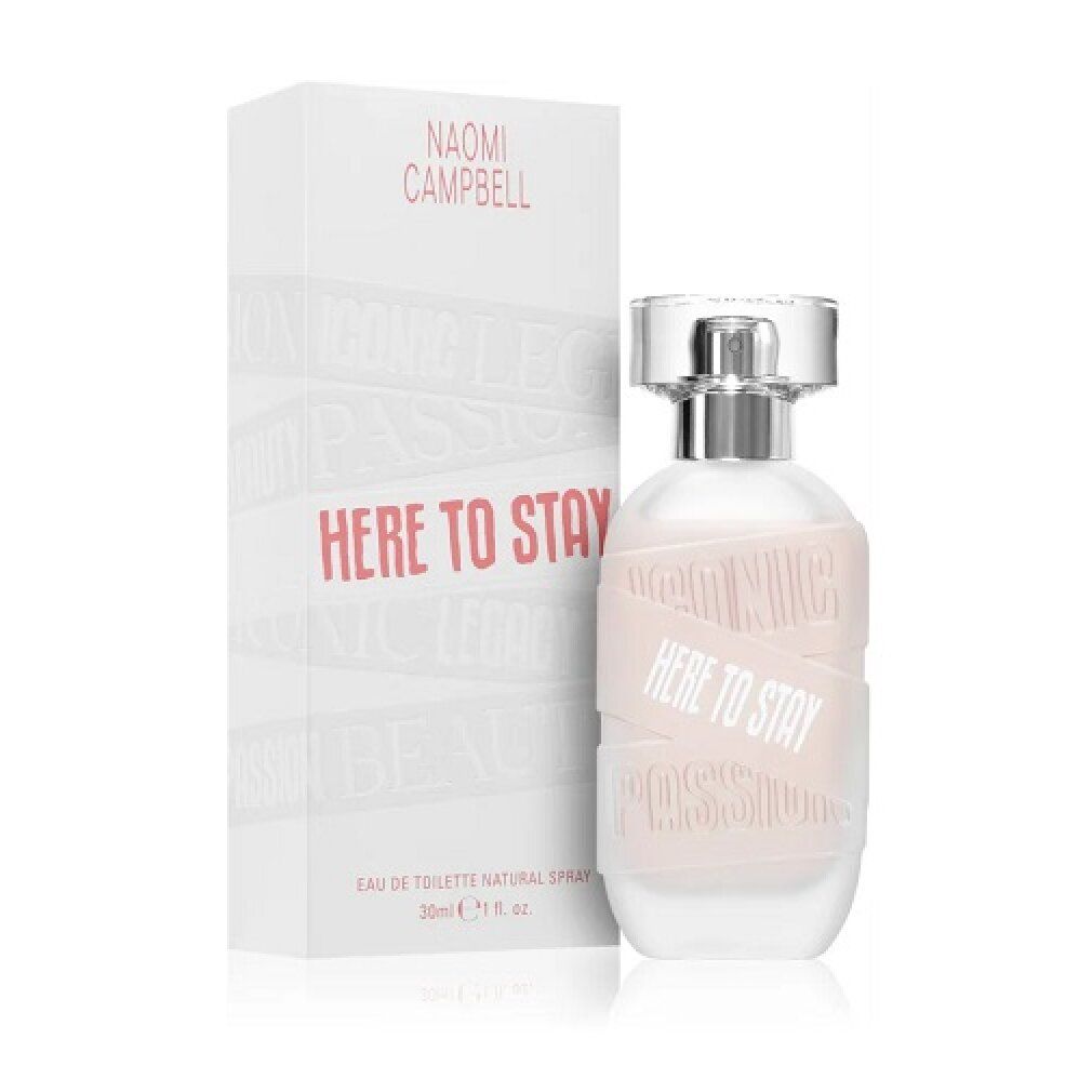 Naomi Campbell Here To Stay Eau de Toilette Spray. Flakon und Verpackung. Rosa Flakon, silberner Verschluss, weiße Verpackung.