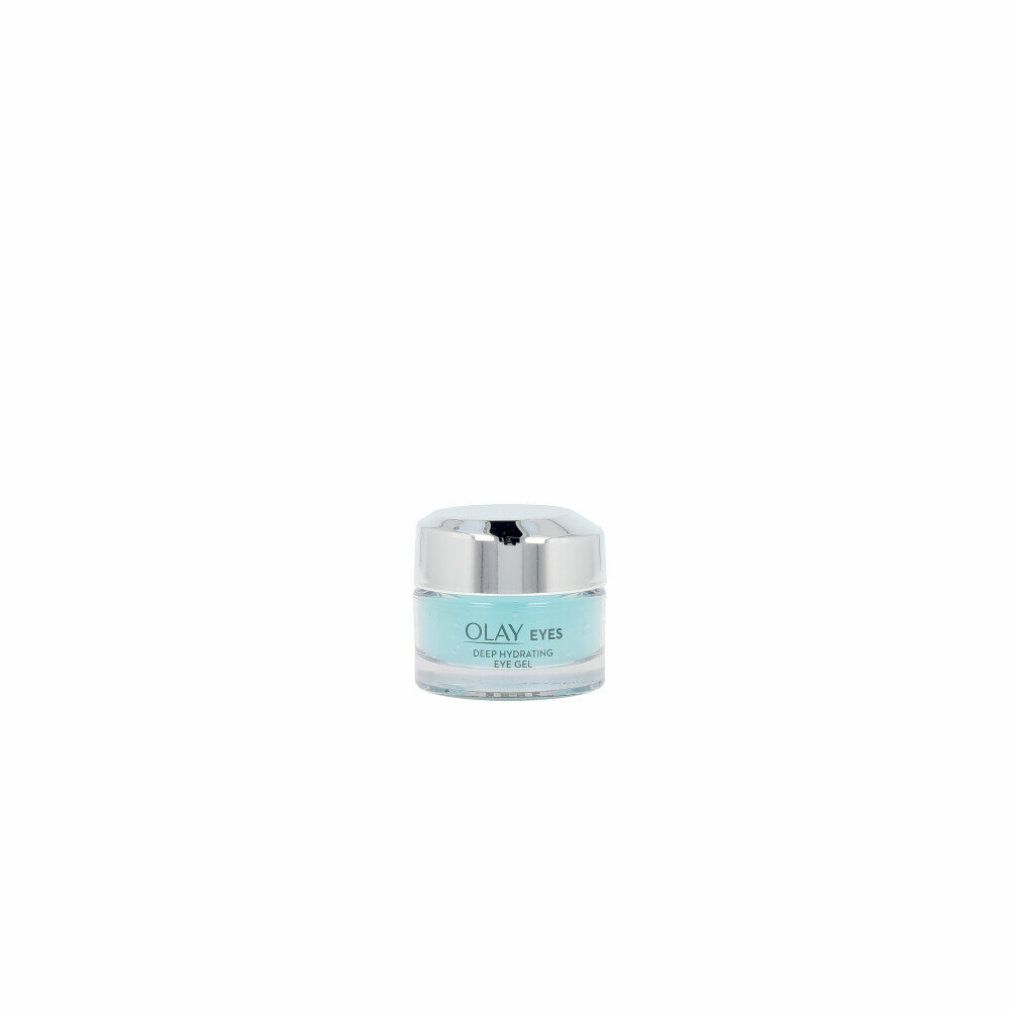 Kleiner, runder Tiegel mit silbernem Deckel. Aufschrift: Olay Eyes Eye Contour Gel. Hellblaue Creme sichtbar.