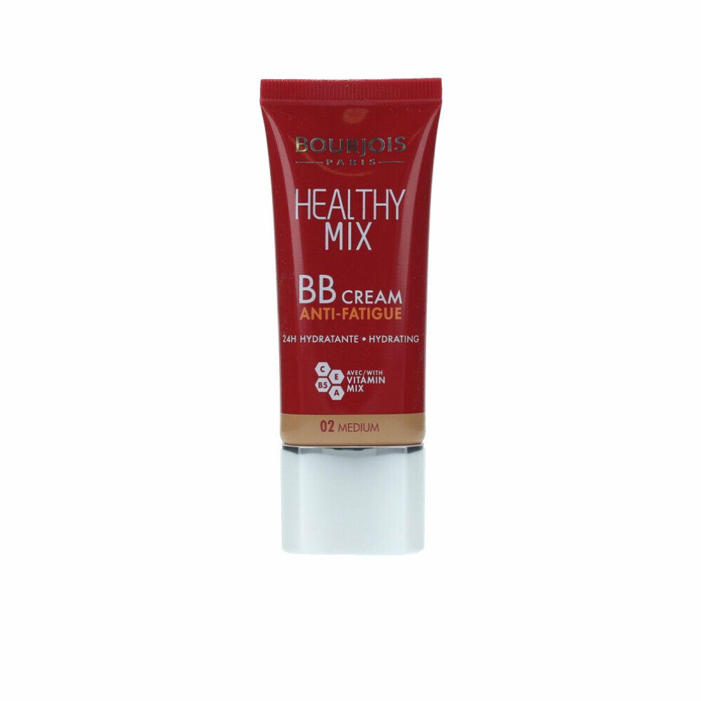 Rote Tube Bourjois Healthy Mix BB Cream 02 Medium. Text: Healthy Mix, BB Cream Anti-Fatigue, 24H Hydratante + Hydrating.