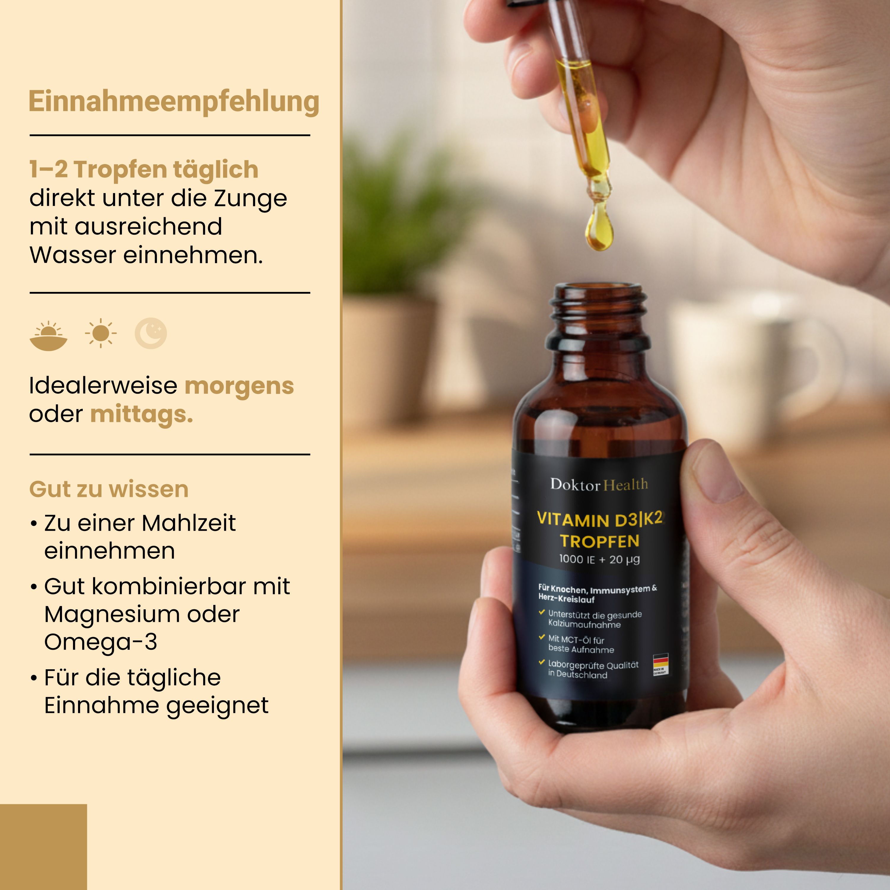 Hand hält Tropfflasche. Tropfen fallen in die Flasche. Text: Einnahmeempfehlung. Text: 1-2 Tropfen täglich...