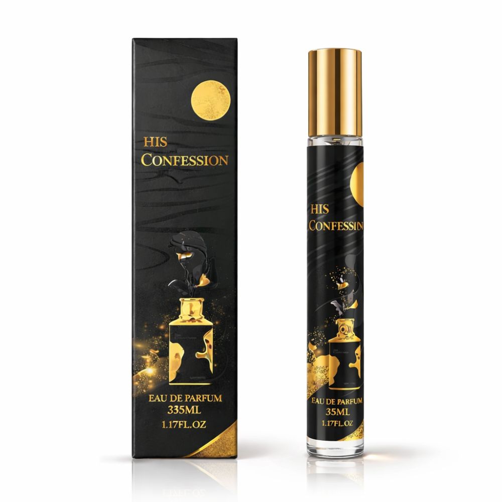 Schwarze Verpackung und Flasche. Verpackung mit goldfarbenem Text: His Confession, Eau de Parfum 35ml. Flasche mit goldfarbenem Deckel.