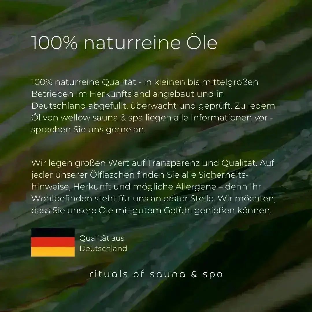 Text: 100% naturreine Öle. Qualität aus Deutschland. Informationen über die Öle und die Marke Wellow.