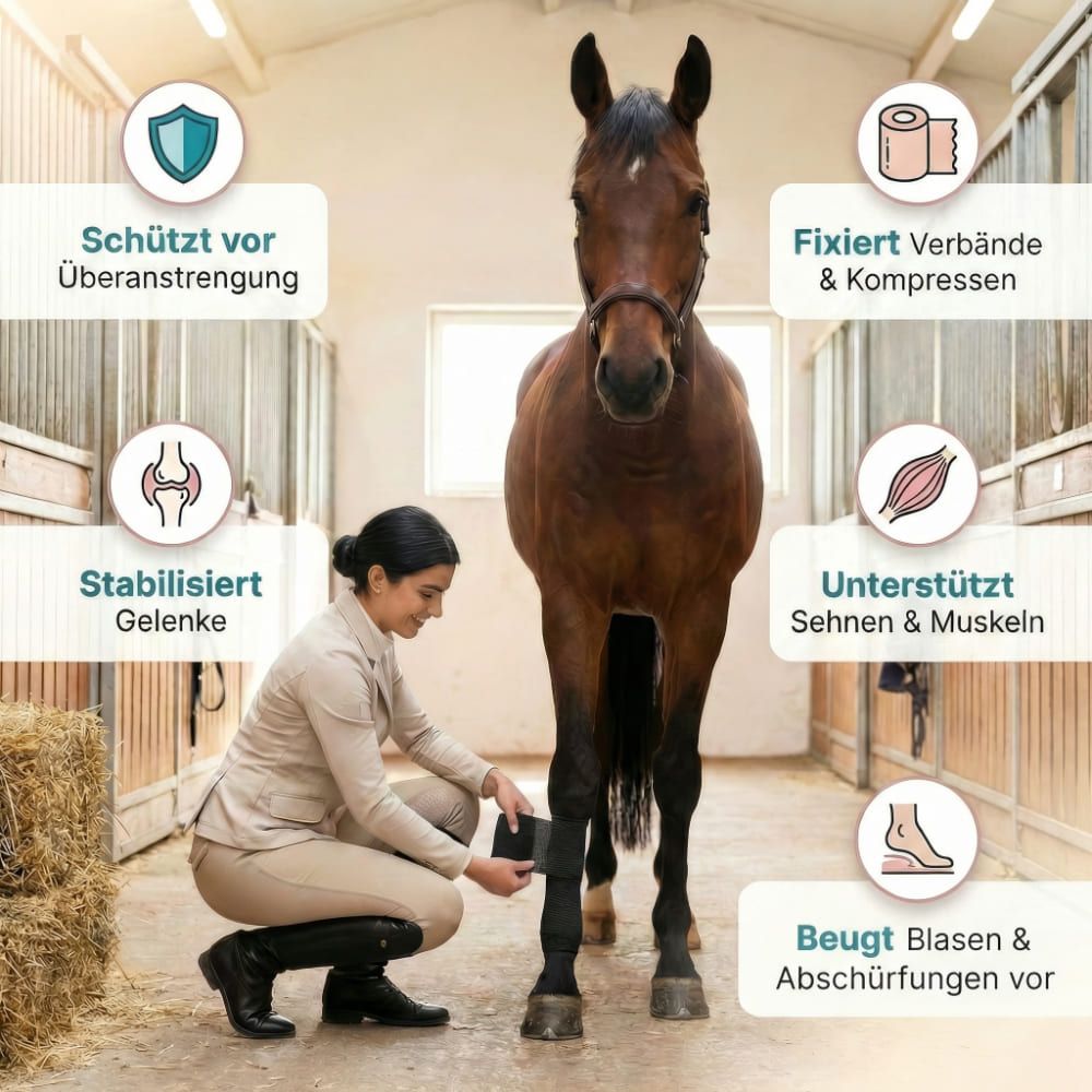Eine Frau legt einem Pferd eine Bandage an. Text: Schützt vor Überanstrengung, Stabilisiert Gelenke, Fixiert Verbände.