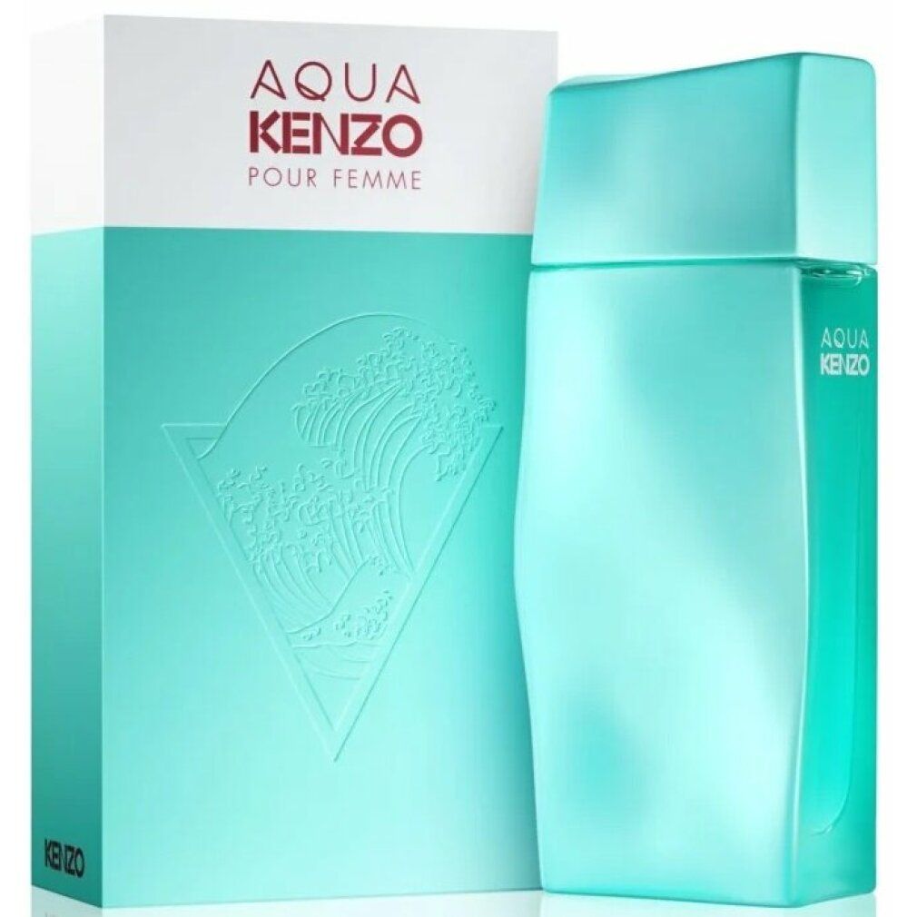 Türkisfarbener Flakon und Schachtel. Auf der Schachtel steht "AQUA KENZO POUR FEMME" und ein Wellen-Design. Flakon mit Deckel.