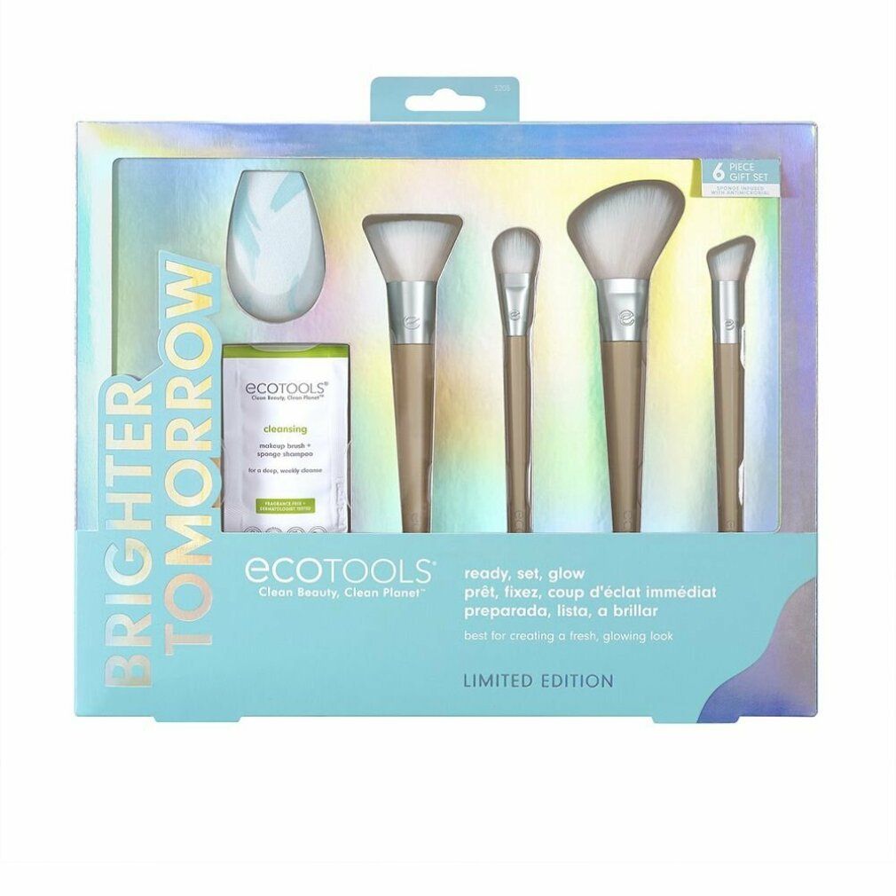 Geschenkset mit Make-up-Pinsel, Schwamm und Reinigungsprodukt. Verpackung mit Produktnamen und Aufschrift "Brighter Tomorrow".