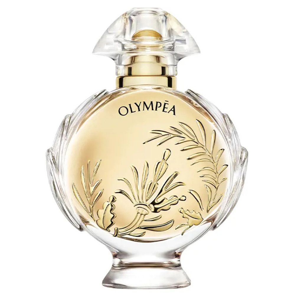 Olympéa Solar Flakon. Rund, goldfarbenes Glas mit goldenen Verzierungen. Transparenter Verschluss.