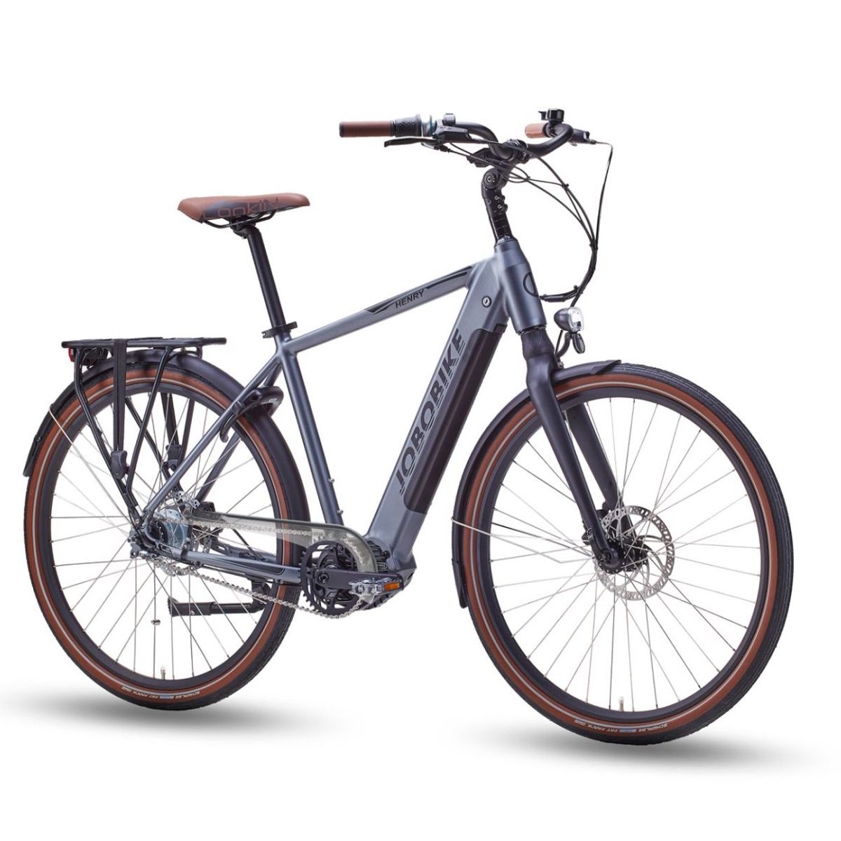Graues E-Bike mit braunen Reifen und Sattel. JOBOBIKE-Logo am Rahmen. Gepäckträger hinten.