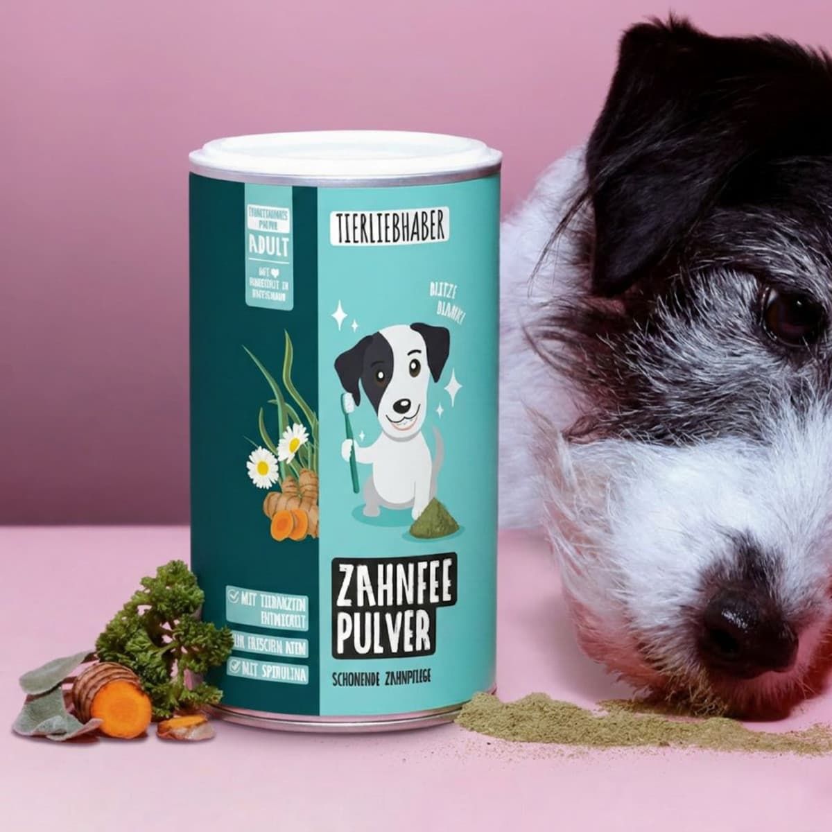 Dose Tierliebhaber Zahnfee Pulver mit Hund und Kräutern.