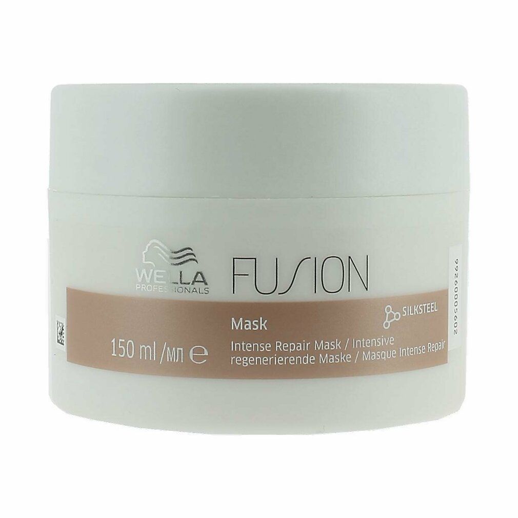 Weißer Tiegel mit Aufschrift FUSION Maske. Enthält 150 ml. Aufschrift Silksteel.