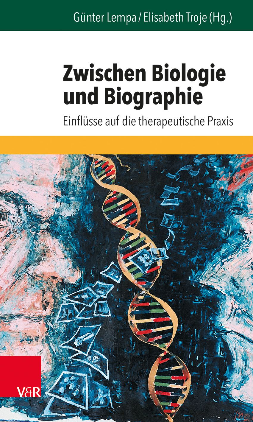 Buchcover: "Zwischen Biologie und Biographie". Titel in Schwarz, Autoren oben. Hintergrund: abstraktes Gemälde mit DNA-Strang.
