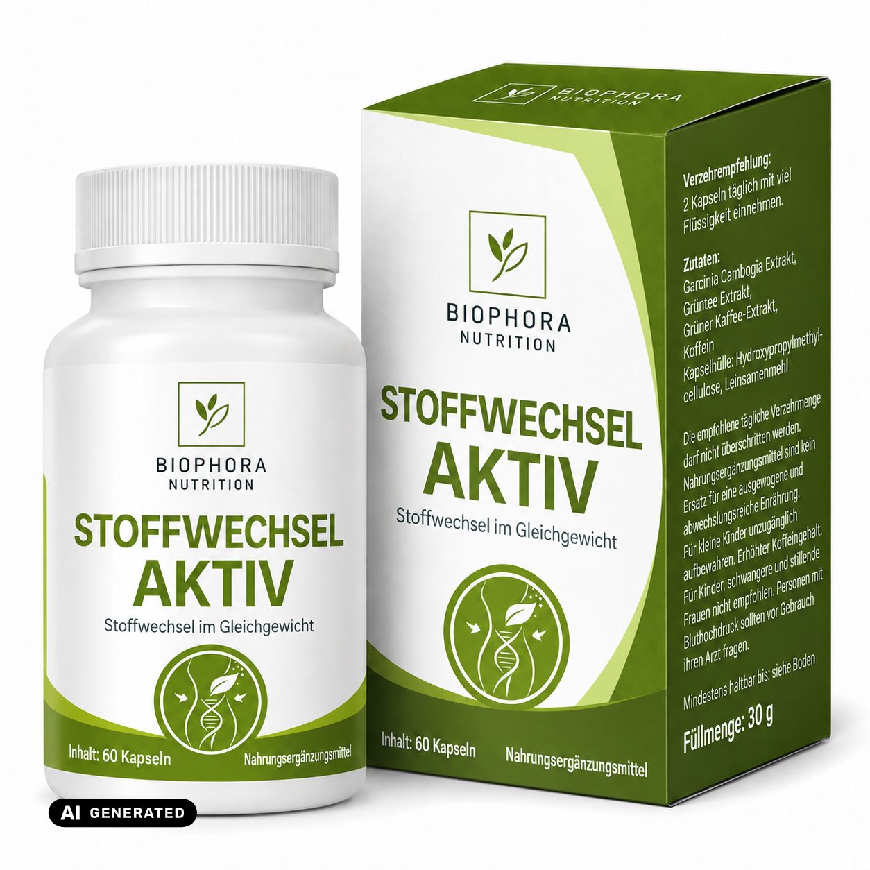 Flasche und Kartonverpackung von Stoffwechsel Aktiv Kapseln.