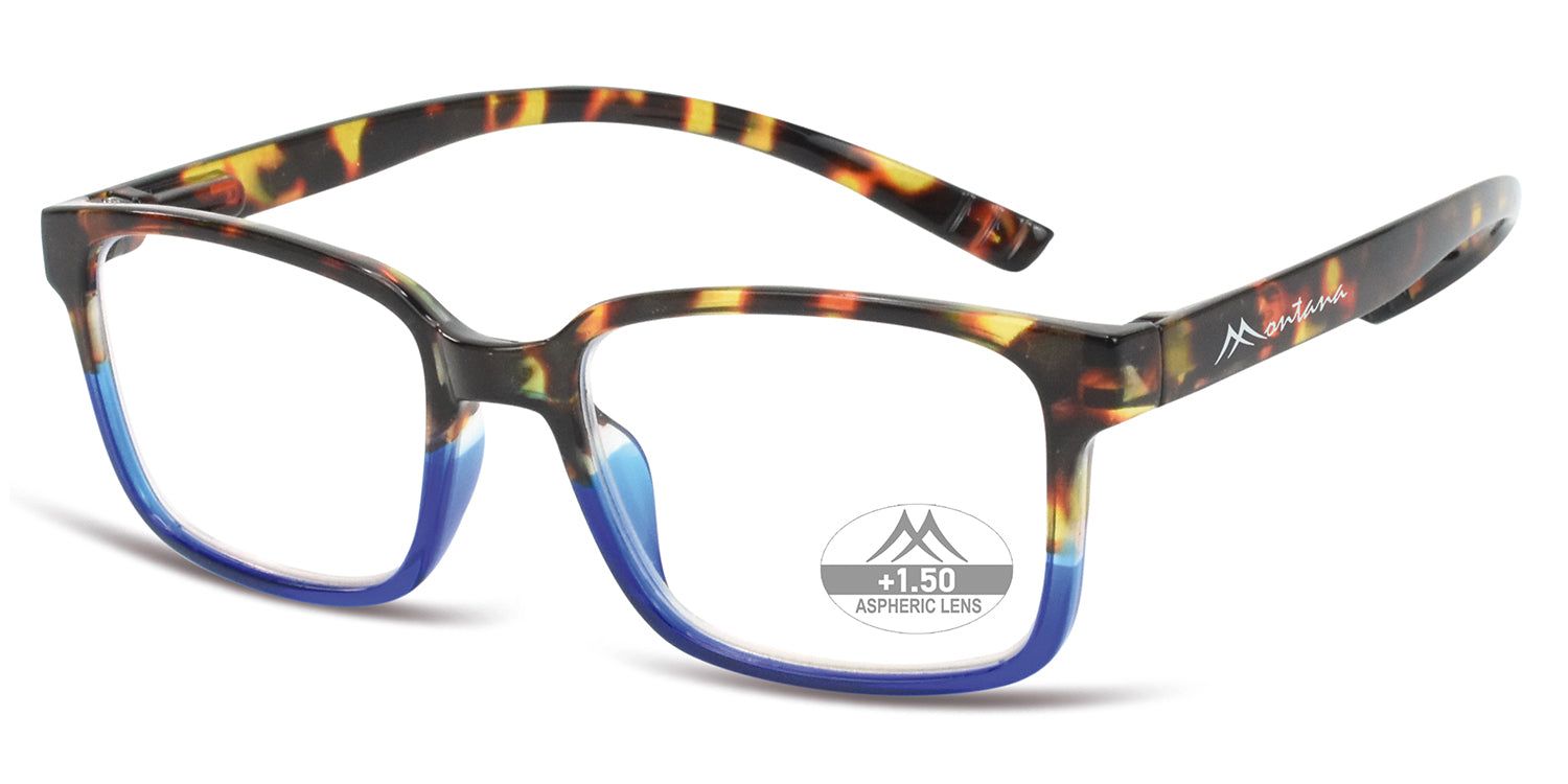 Brille mit blauem Rahmen und braun-gelbem Muster. Auf dem Glas steht "+1.50 ASPHERIC LENS".