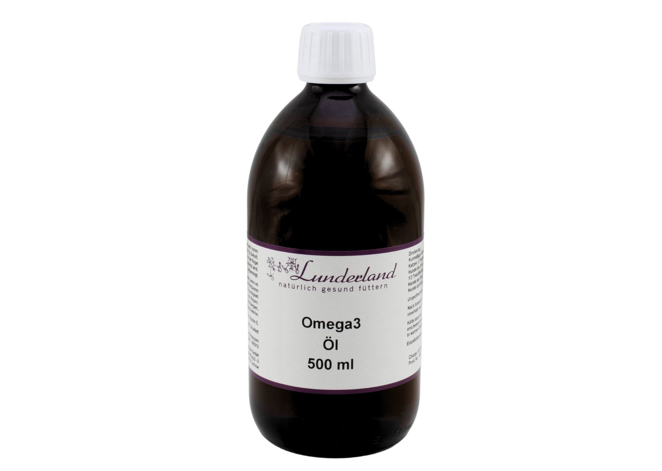 Dunkle Glasflasche mit weißem Schraubverschluss, Lunderland Omega3 Öl, 500 ml.