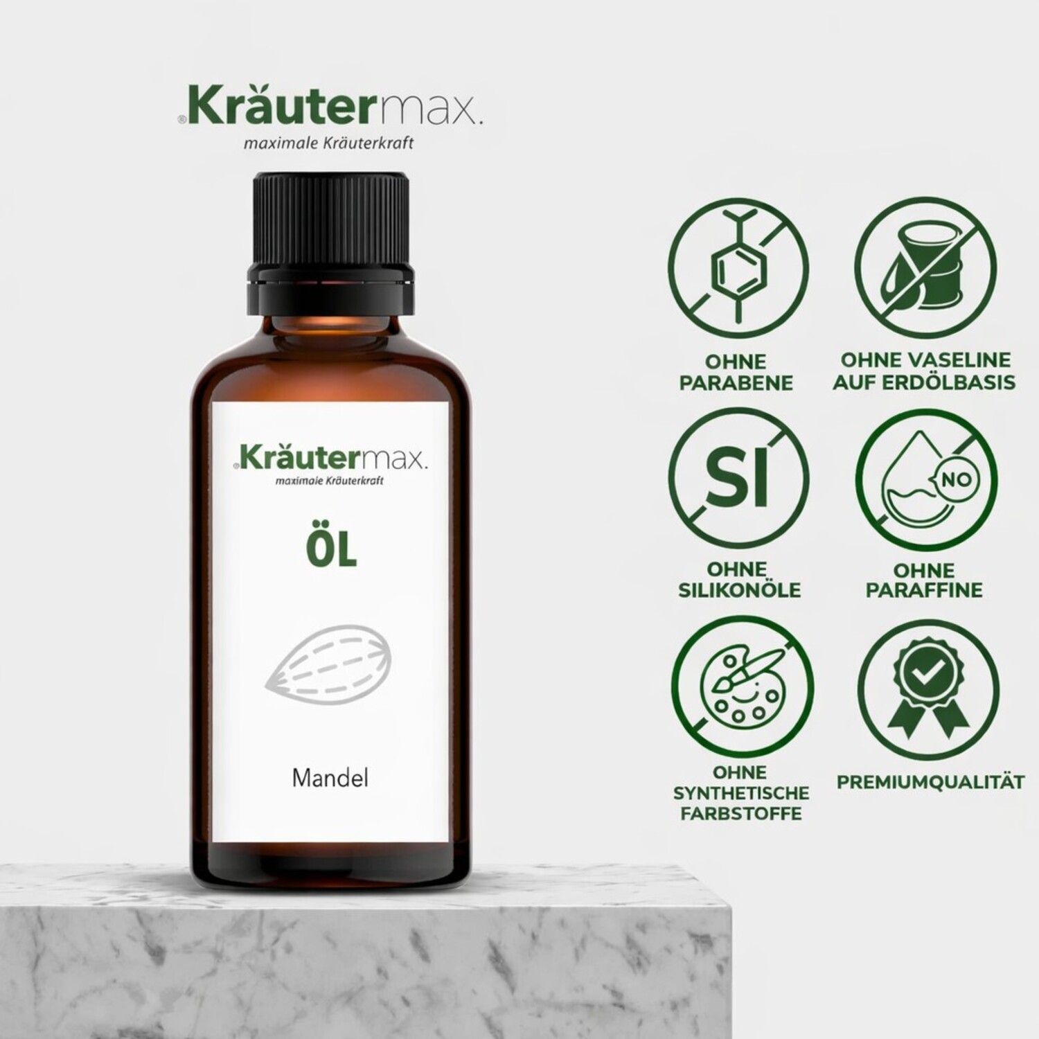 Braune Glasflasche mit schwarzem Deckel. Text: Kräutermax Öl, ohne Parabene, Silikone, Vaseline, Paraffine, synthetische Farbstoffe.