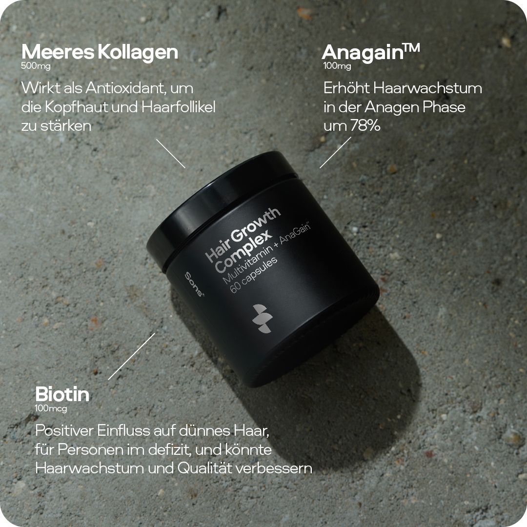 Schwarze Dose mit Text und Inhaltsstoffen. Aufschrift: Hair Growth Complex, Multivitamin + AnaGain, 60 Kapseln. Marke: Sons.