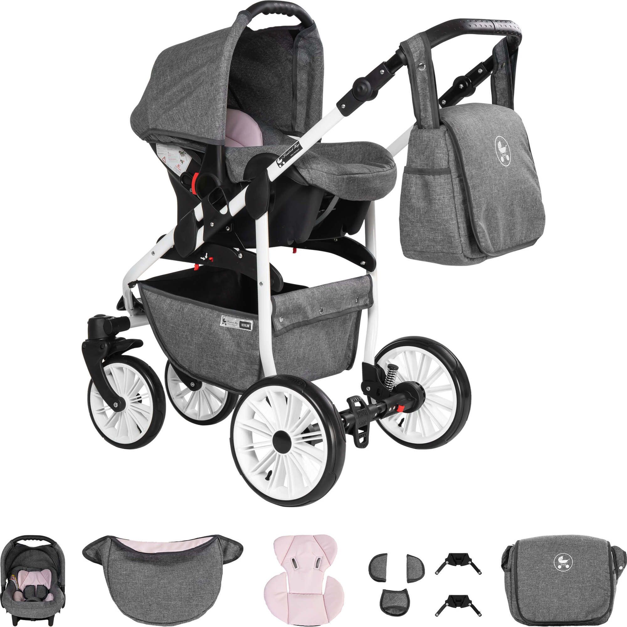 Grauer Kinderwagen mit hellrosa Akzenten und weißen Rädern. Inklusive Babyschale und Tasche. Mehrere Zubehörteile.