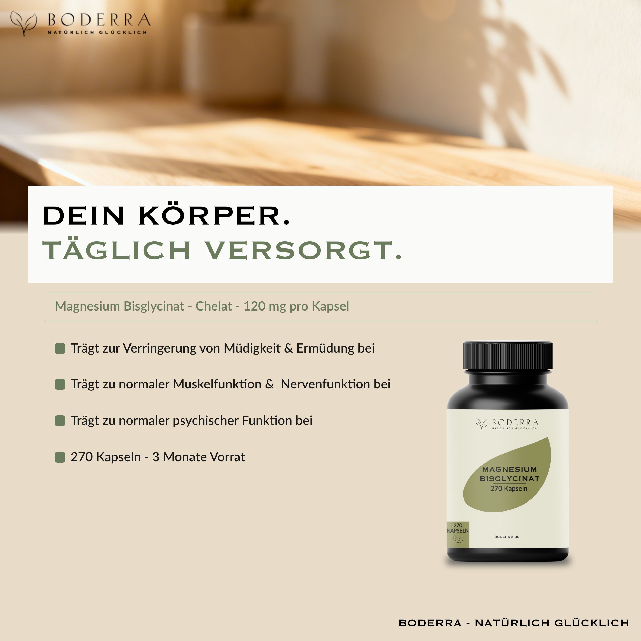 Flasche Magnesium Bisglycinat Kapseln, 270 Stück, 3 Monate Vorrat.