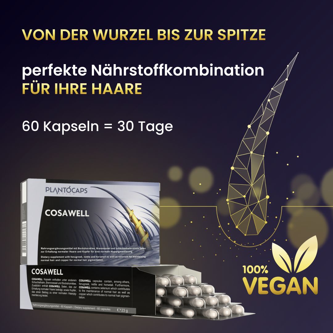 Cosawell Kapseln für Haare, 60 Stück im Blisterpack mit Faltschachtel. 100% Vegan.