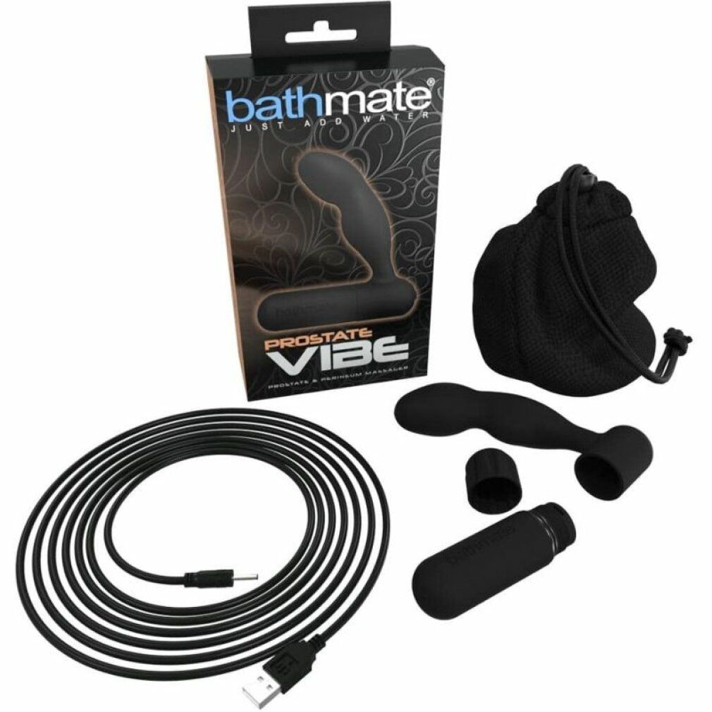 Produktverpackung mit Wellness-Produkt, Beutel, Kabel und Zubehör. Auf der Verpackung steht "bathmate" und "Prostate Vibe".