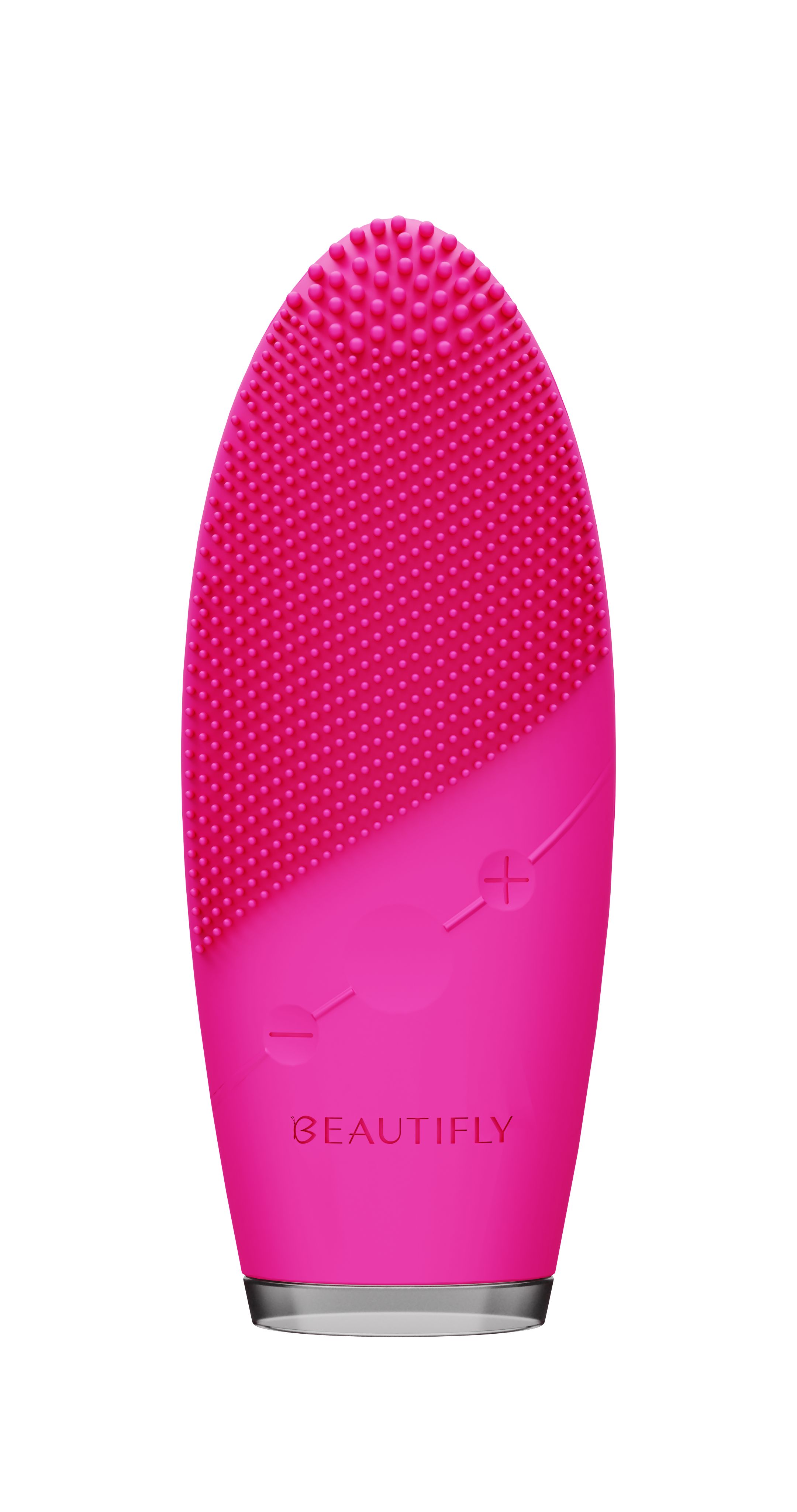 Pinkfarbene Schall-Gesichtsbürste mit Noppen. Marke BEAUTIFLY. Ovale Form, silberfarbener Sockel. Plus- und Minuszeichen.