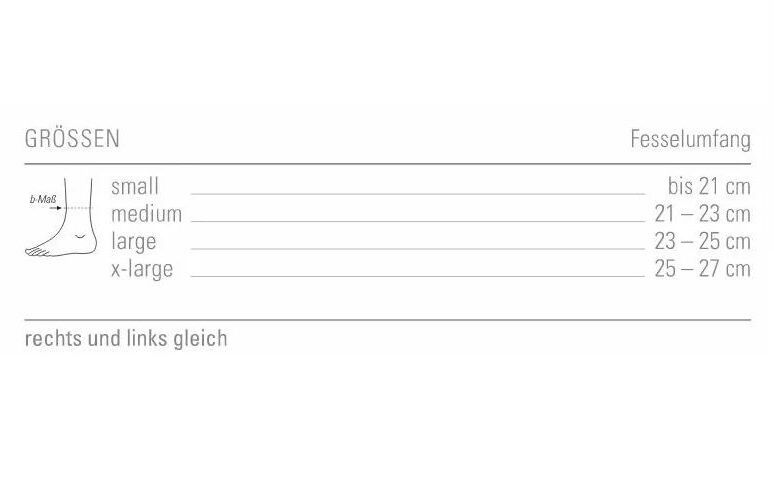 Größentabelle für Knöchelbandagen. Größen: small, medium, large, x-large. Maße in cm.