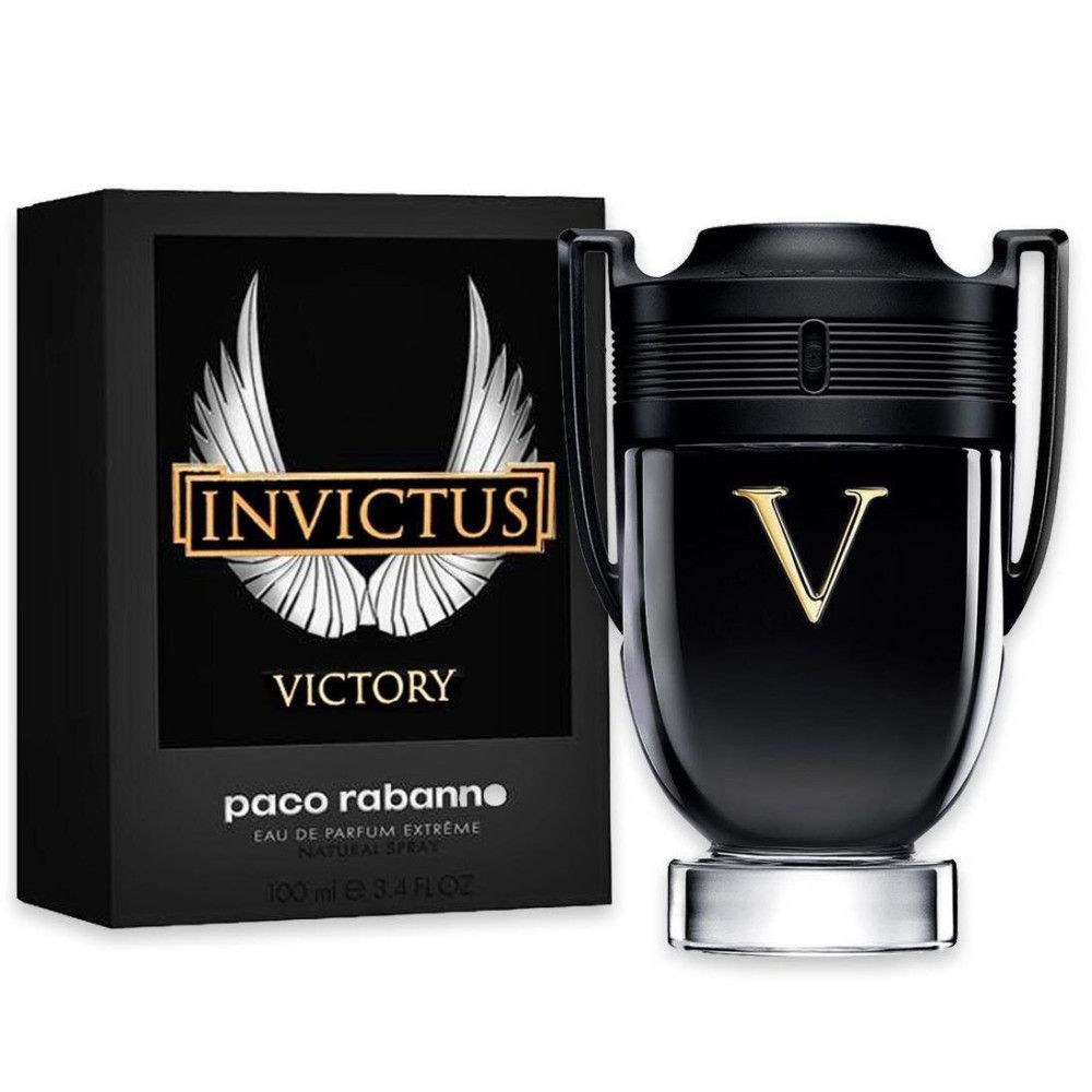 Schwarzer Flakon mit goldener "V"-Markierung und schwarzer Verpackung mit "Invictus Victory"-Logo.