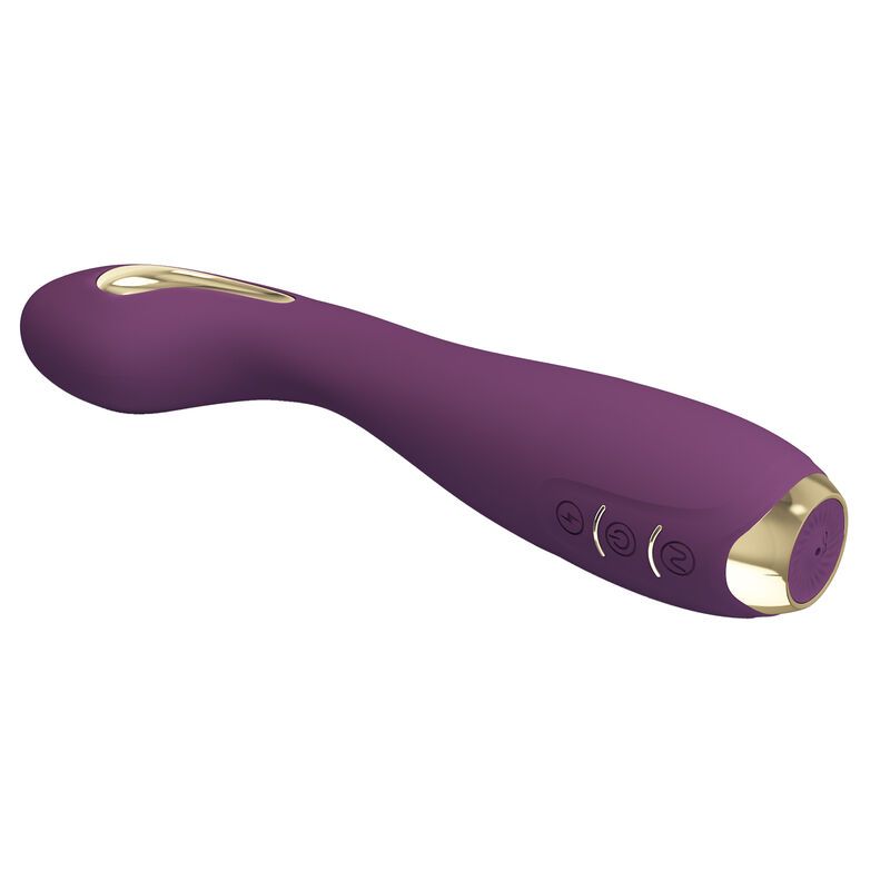 Lila Vibrator mit goldfarbenen Akzenten. Geschwungene Form, drei Knöpfe. Perspektivische Ansicht.