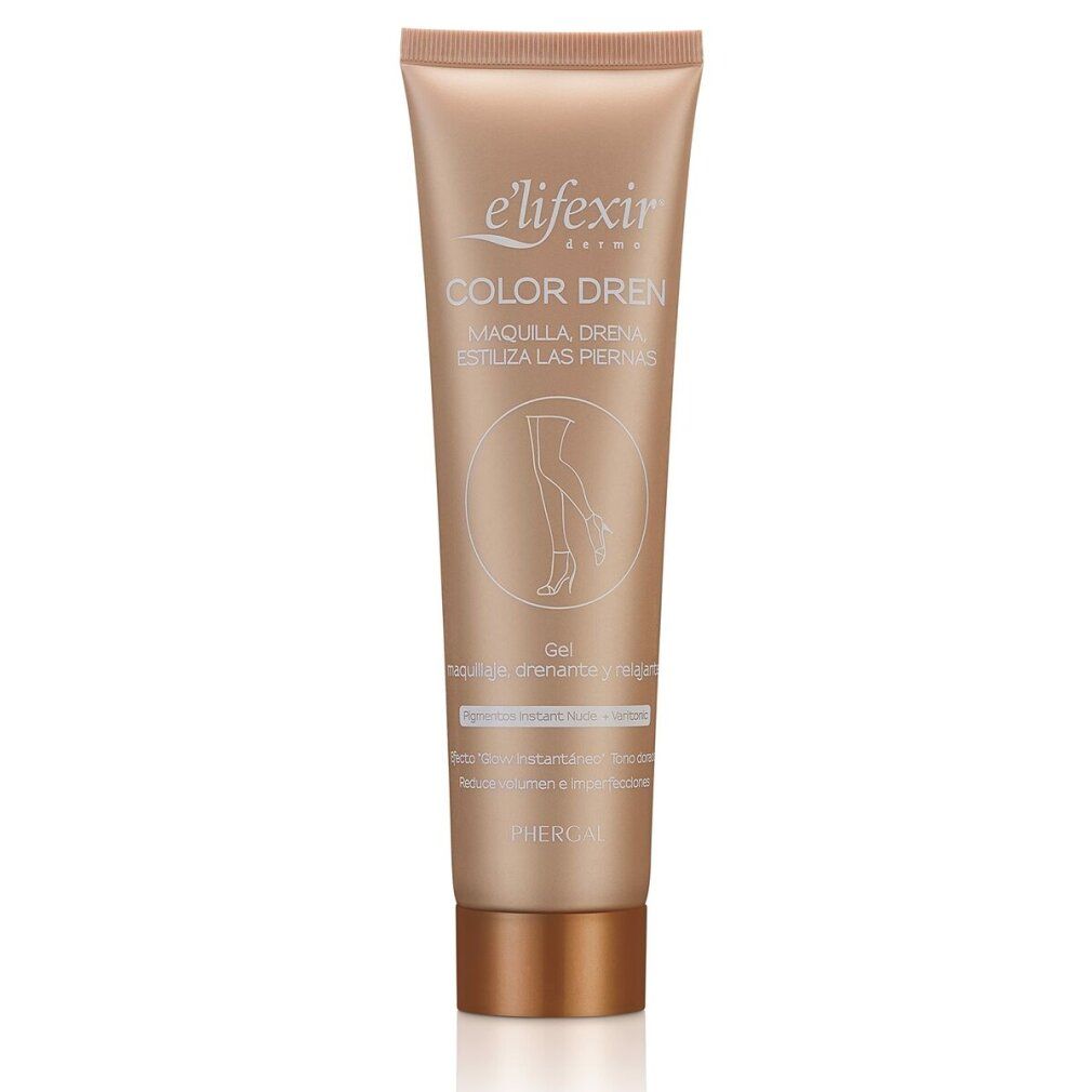 Beige Tube mit Produktnamen und Bein-Illustration. Text: Color Dren, Make up, Slender & Draining leg gel.