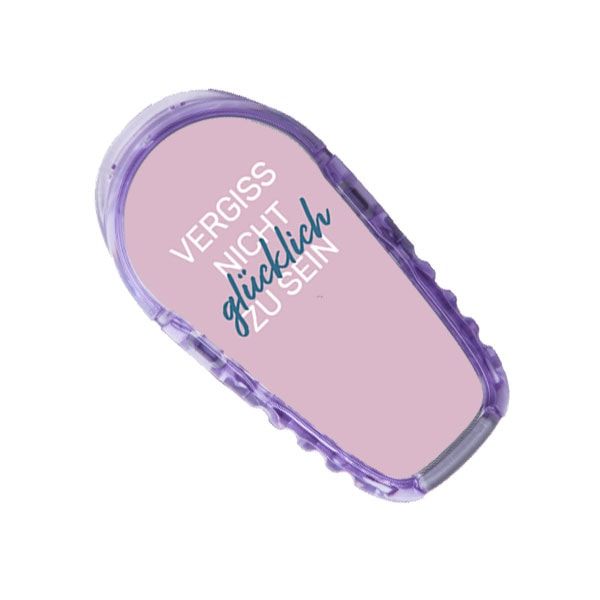 Aufkleber mit lila Rahmen und rosa Hintergrund. Text: Vergiss nicht glücklich zu sein.