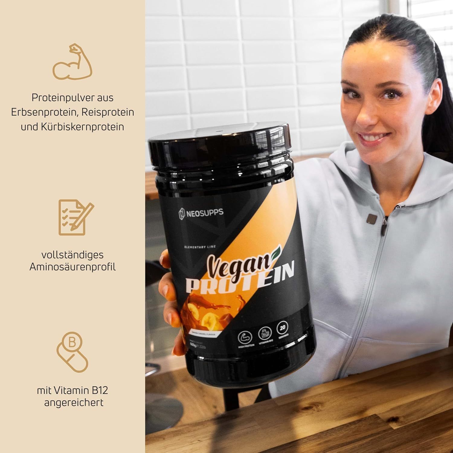 Eine Frau hält eine Dose Vegan Protein. Auf der Dose steht "Vegan Protein" und "Neosupps".