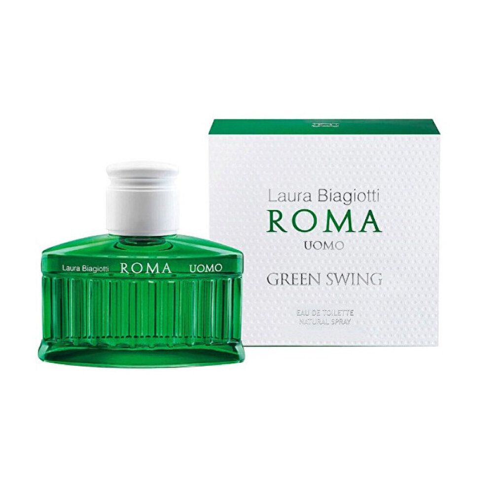 Parfümflakon und Verpackung. Aufschrift: Laura Biagiotti ROMA UOMO Green Swing. Flakon grün.