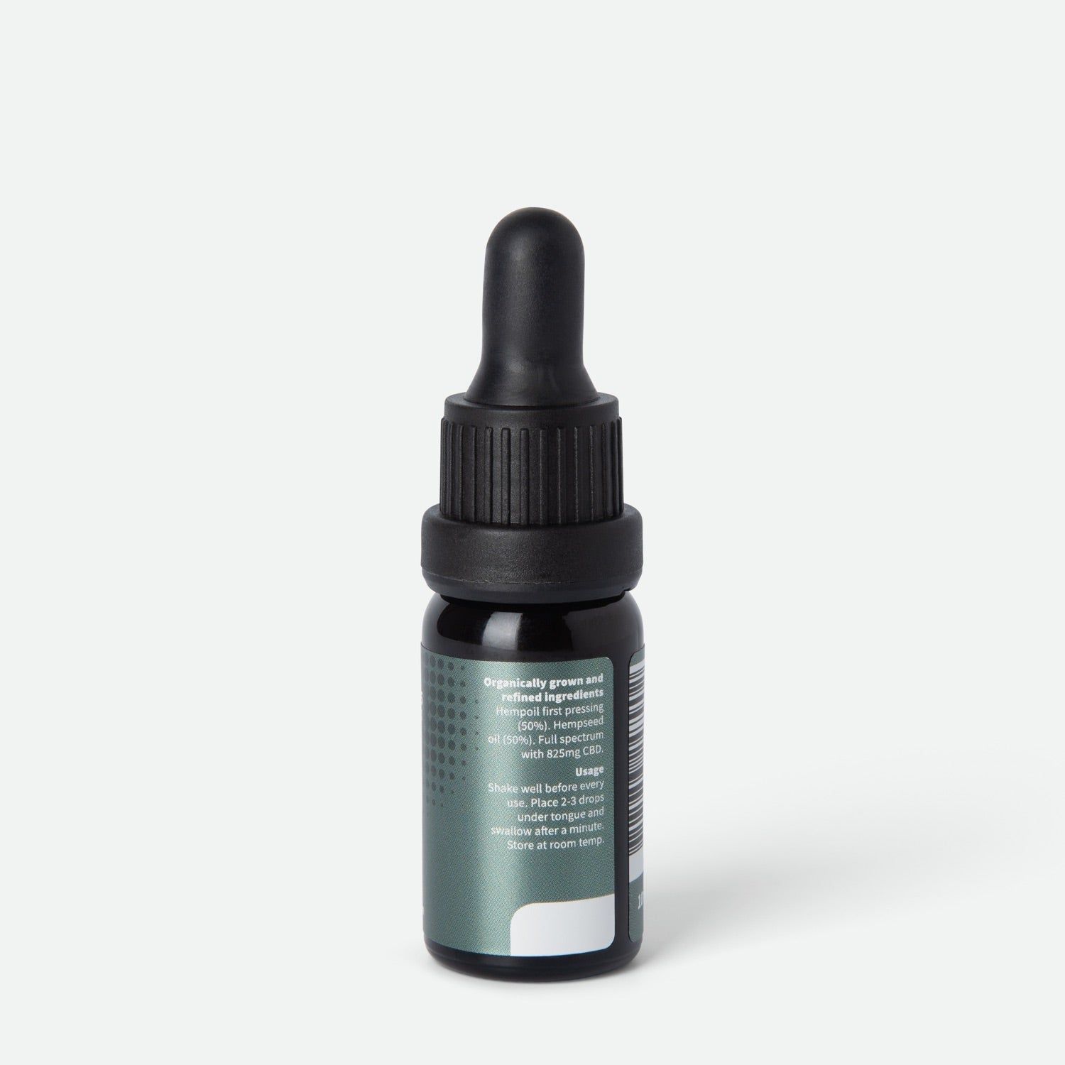 Rückseite einer dunklen Glasflasche mit Pipette. Etikett mit Produktinformationen und "Full Spectrum".