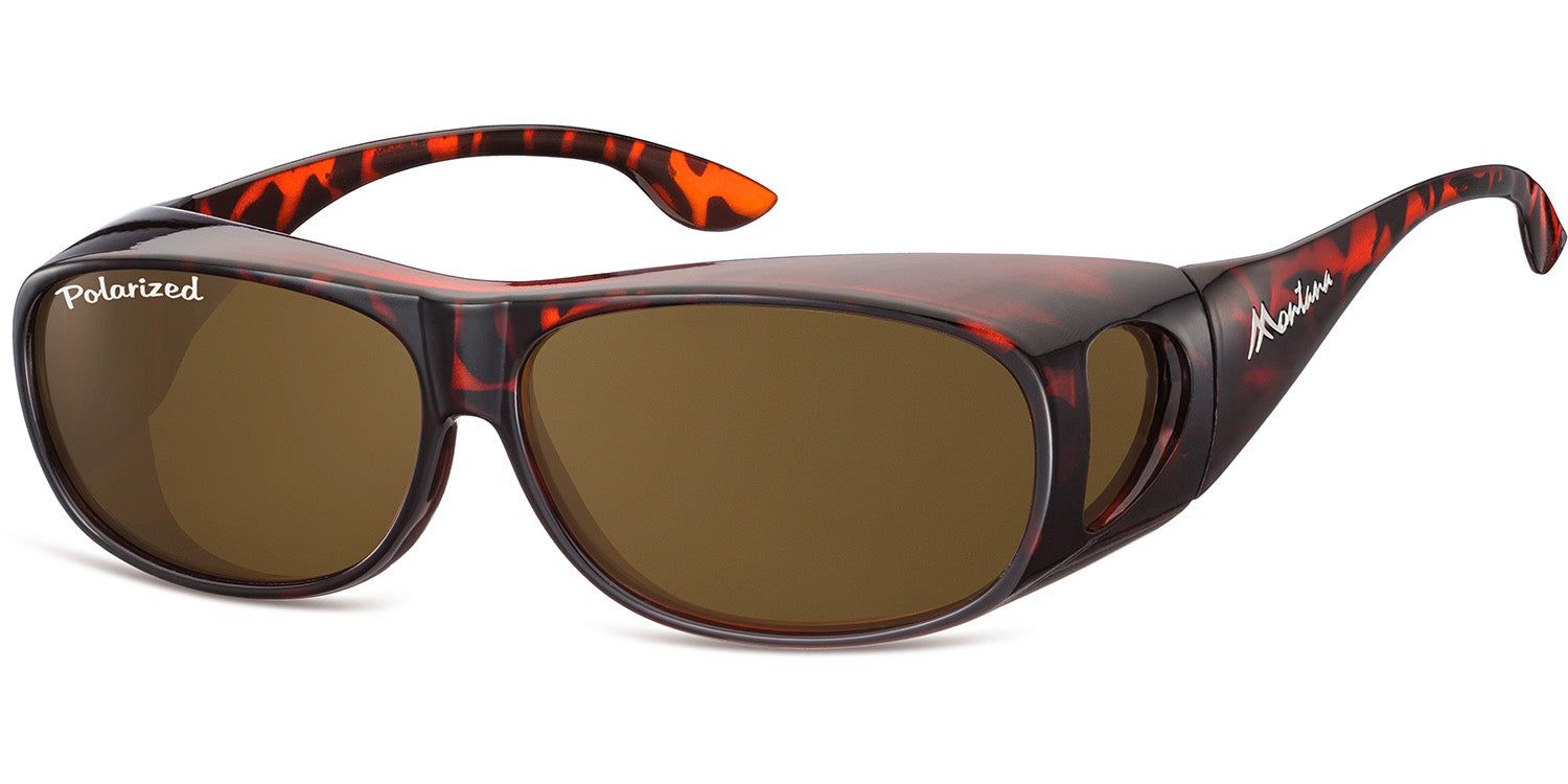 Sonnen-Überbrille mit braunen Gläsern und braun-rotem Gestell. Auf dem Glas steht 'Polarized'.
