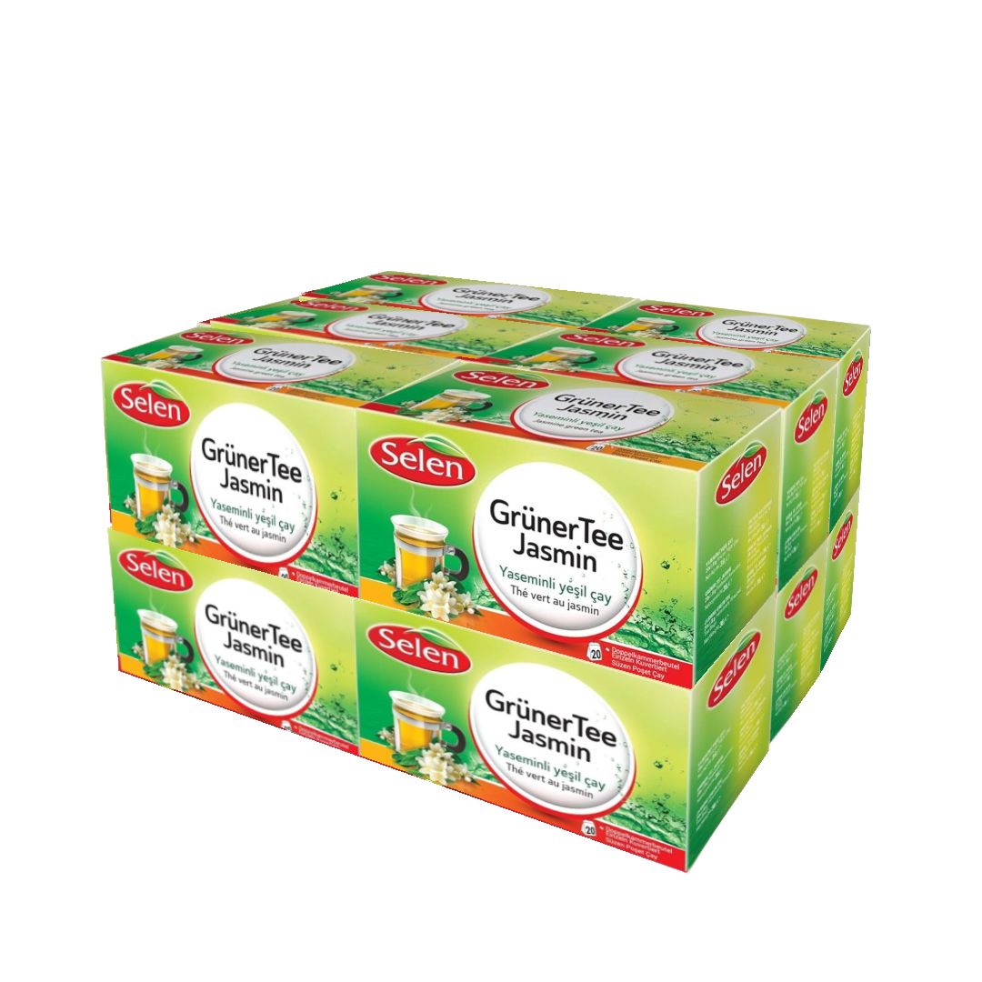 Verpackung von SELEN Grüner Tee Jasmin. Sechs Packungen, jeweils mit Produktabbildung und Schriftzug. Grün-weiße Farbgebung.